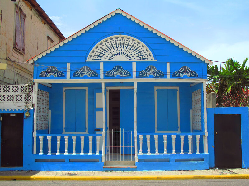 Blue house with decorative facade