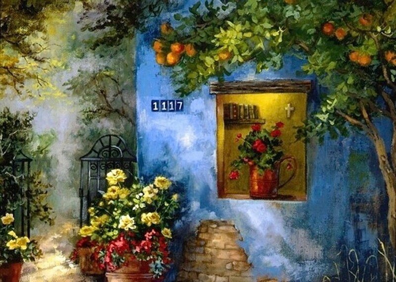 Blue House with Flowers — Serene, Afternoon