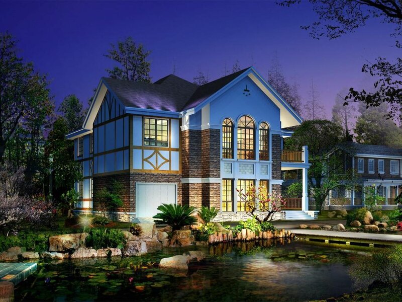 Blue House with Pond