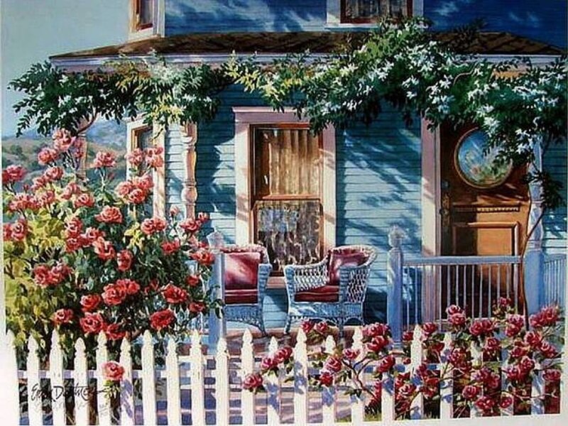 Blue House with Roses