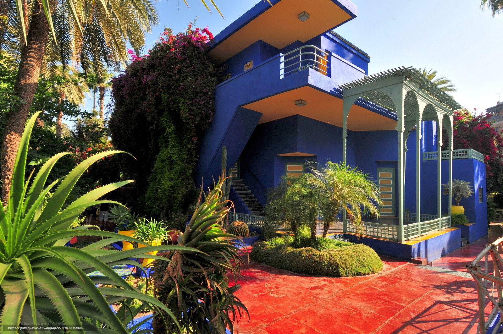 blue house with tropical garden