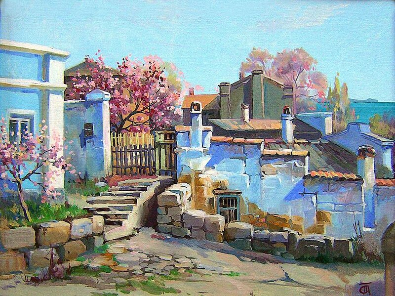 Blue Houses with Cherry Blossoms