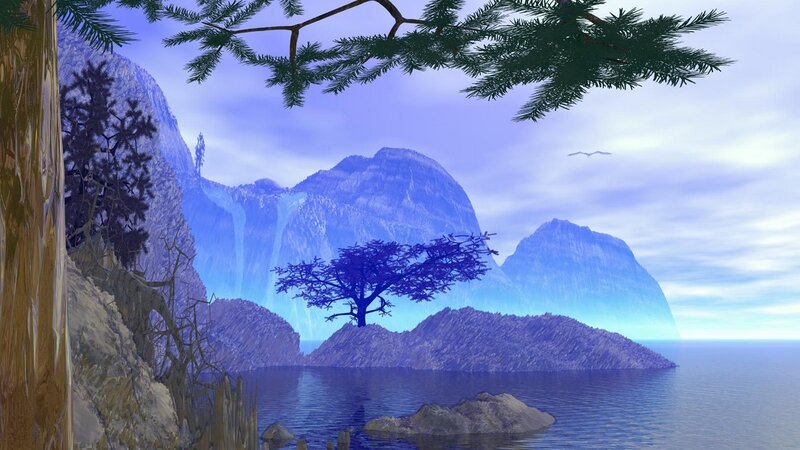 Blue-hued coastal mountain landscape