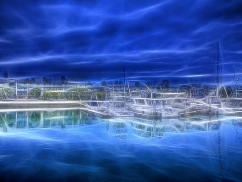 Blue-hued marina at dusk