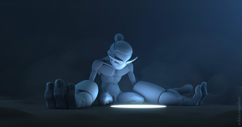 Blue Humanoid Figure — Somber