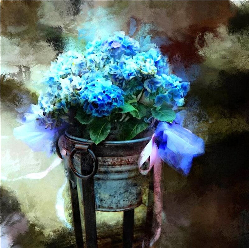 Blue Hydrangea Bouquet — Dramatic, Digital Art
