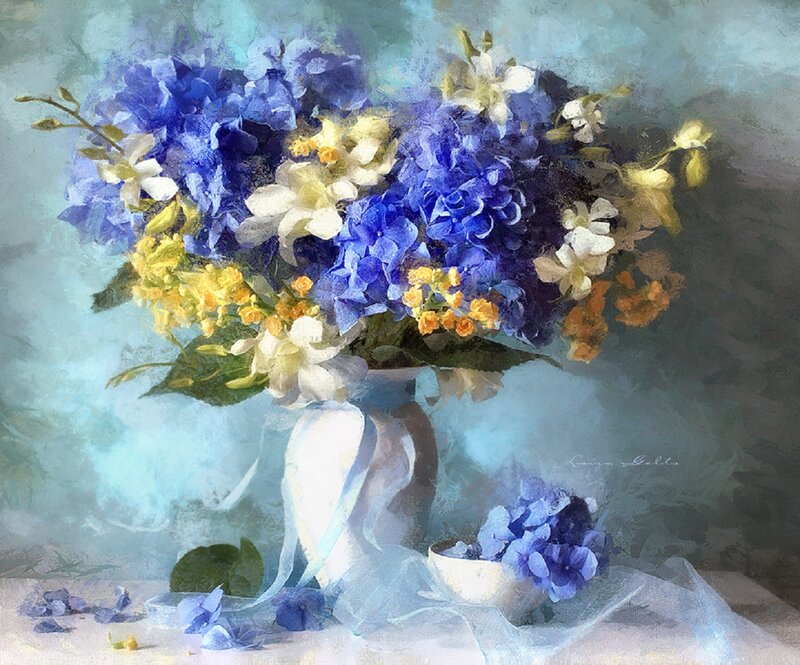 Blue Hydrangea Bouquet — Serene, Painting