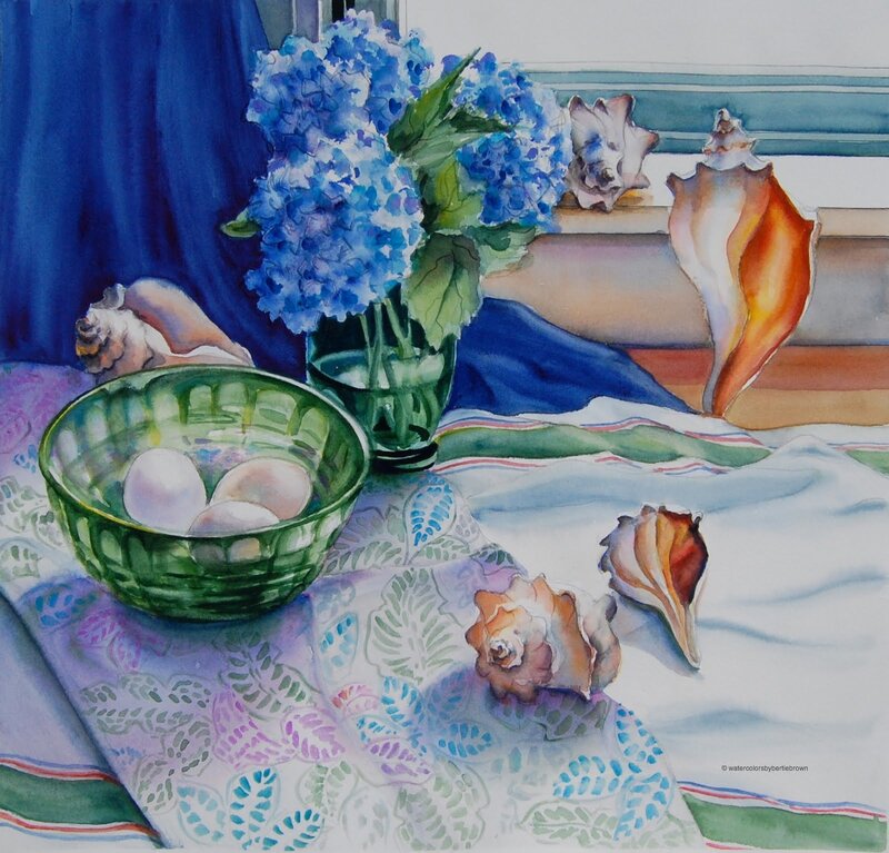 Blue hydrangeas and seashells