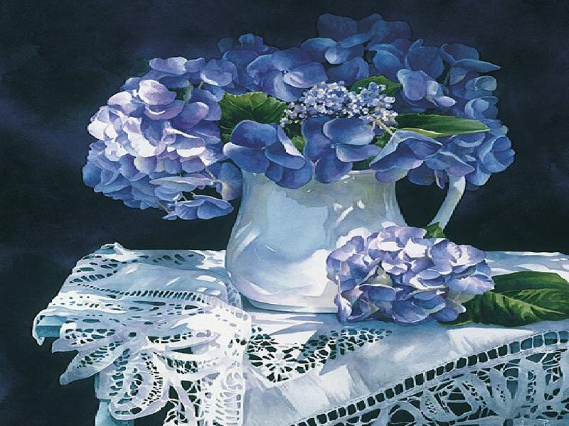 Blue hydrangeas in a pitcher