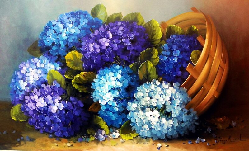 Blue Hydrangeas in Basket — Calm, Painting