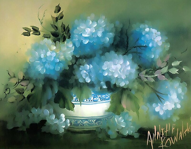 Blue Hydrangeas in Vase — Serene, Painting