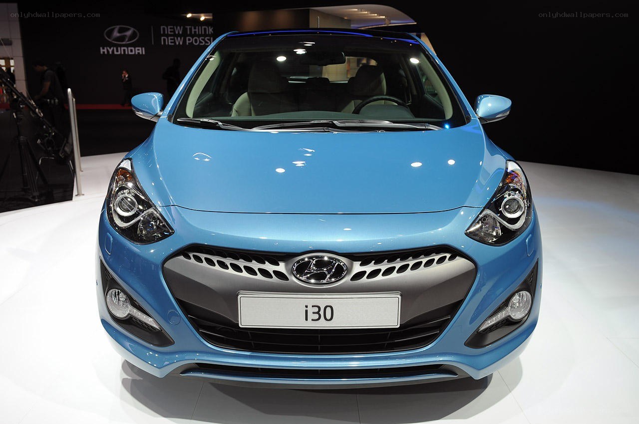 Blue Hyundai i30 on display