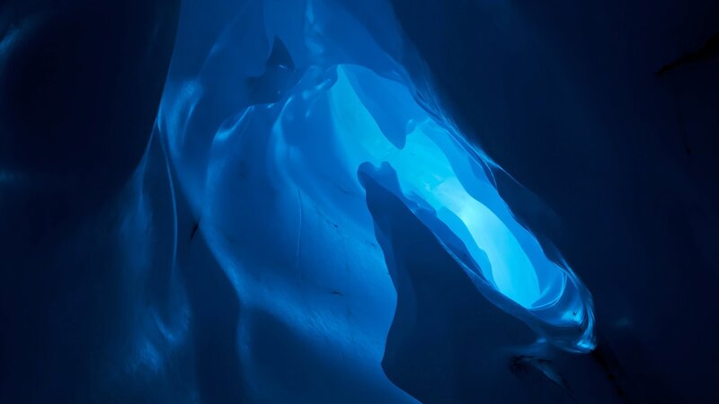 Blue Ice Cave Interior — Dramatic, Photograph, Black