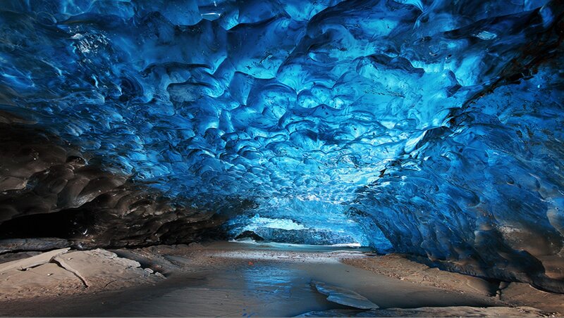 Blue Ice Cave Interior — Dramatic, Photograph, Rock, Light