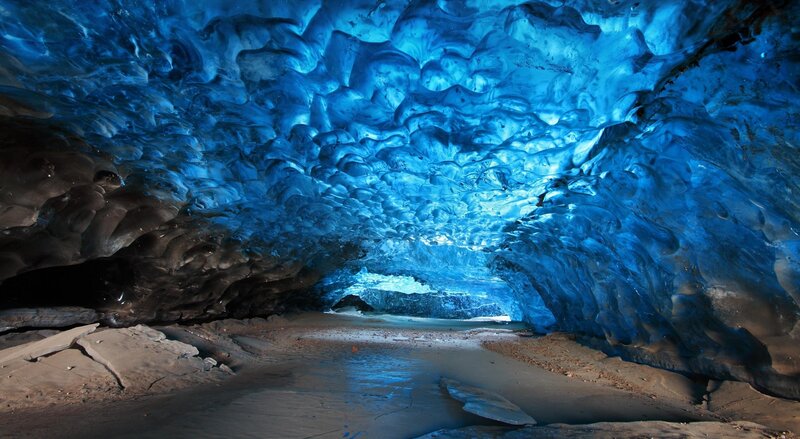 Blue Ice Cave Interior — Dramatic, Photograph, Rock, Sand