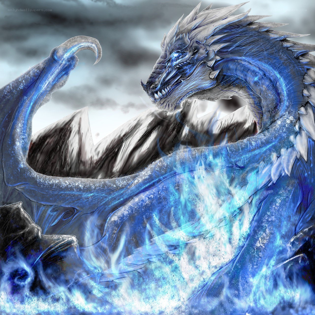 Blue ice dragon in storm