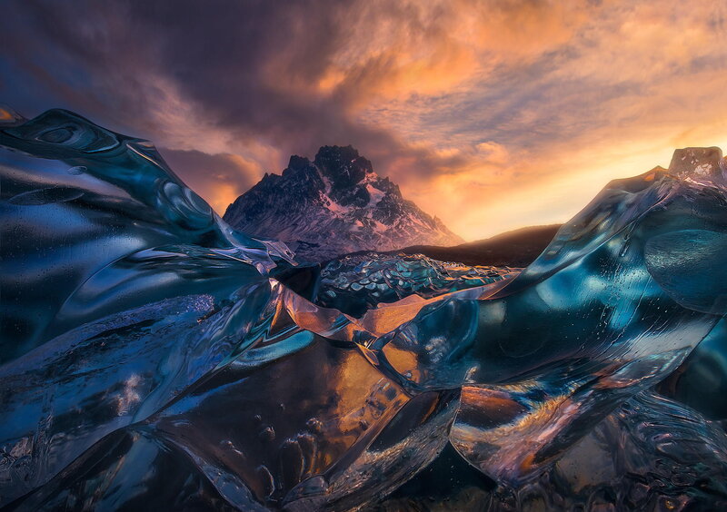 Blue Ice Formations — Dramatic, Sunset