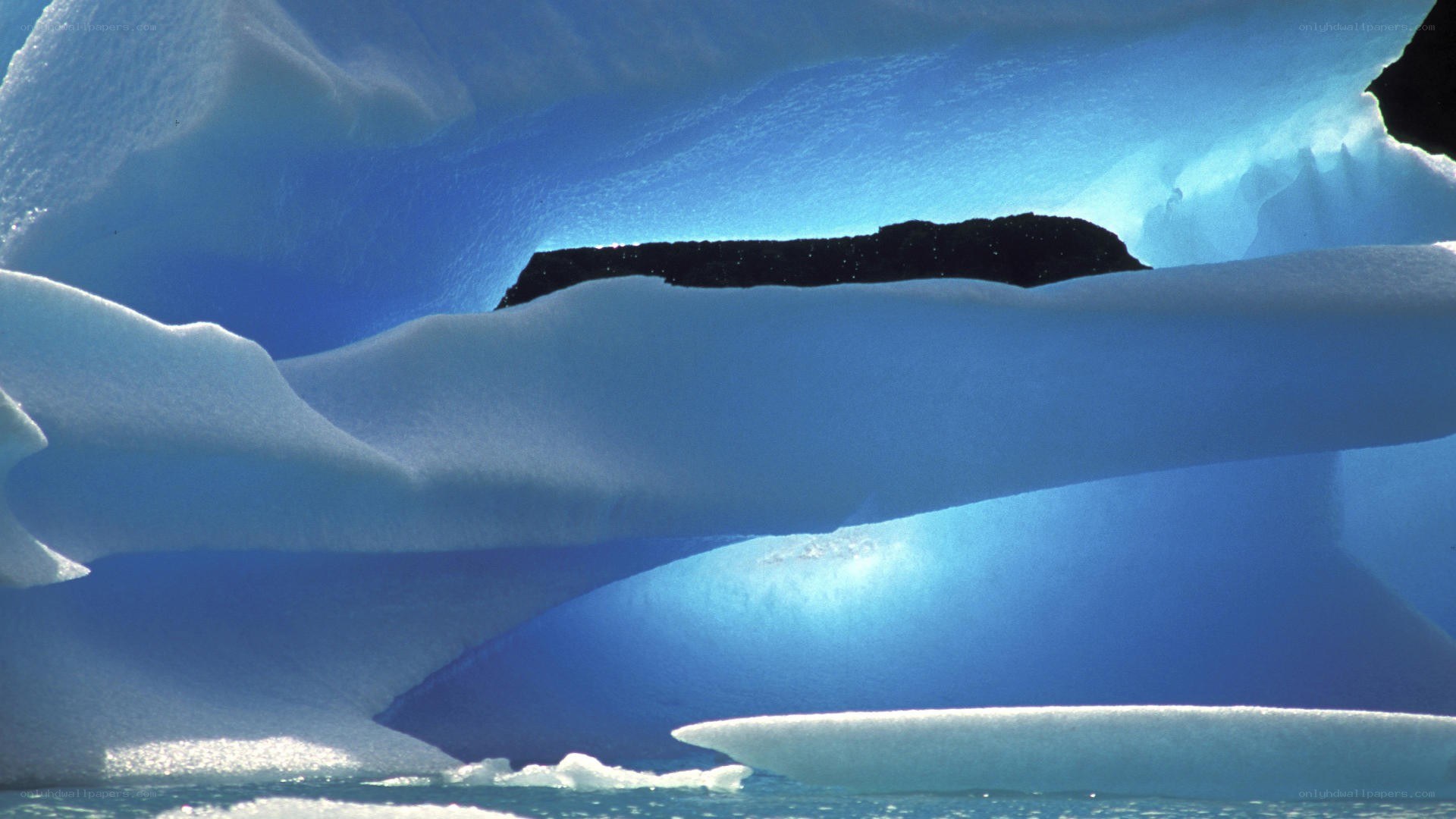 blue ice formations in water