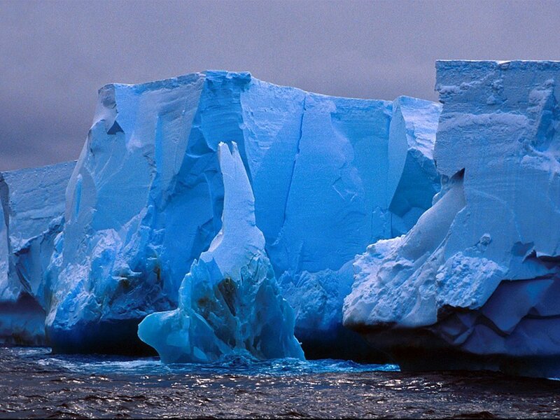 Blue icebergs in the ocean