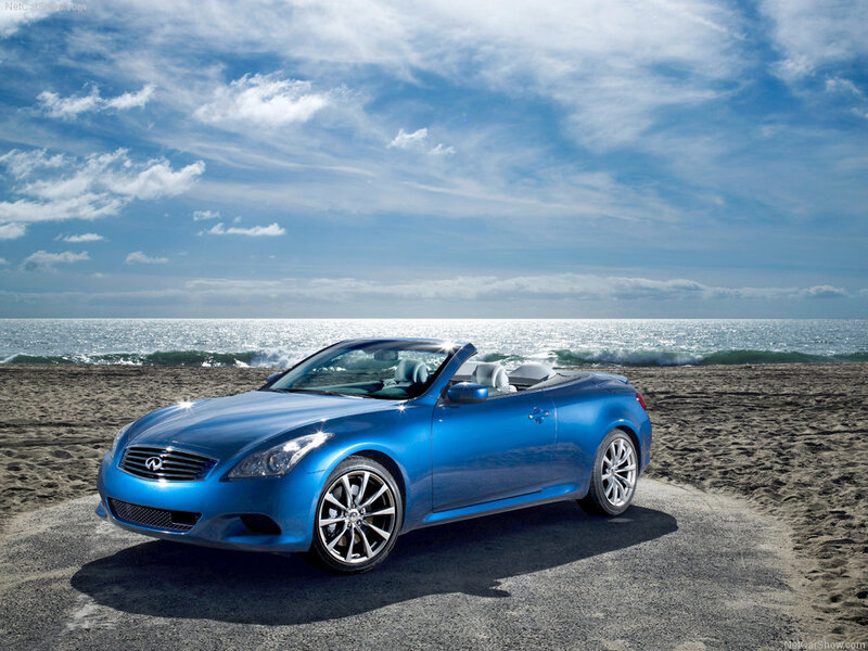 Blue Infiniti convertible on beach
