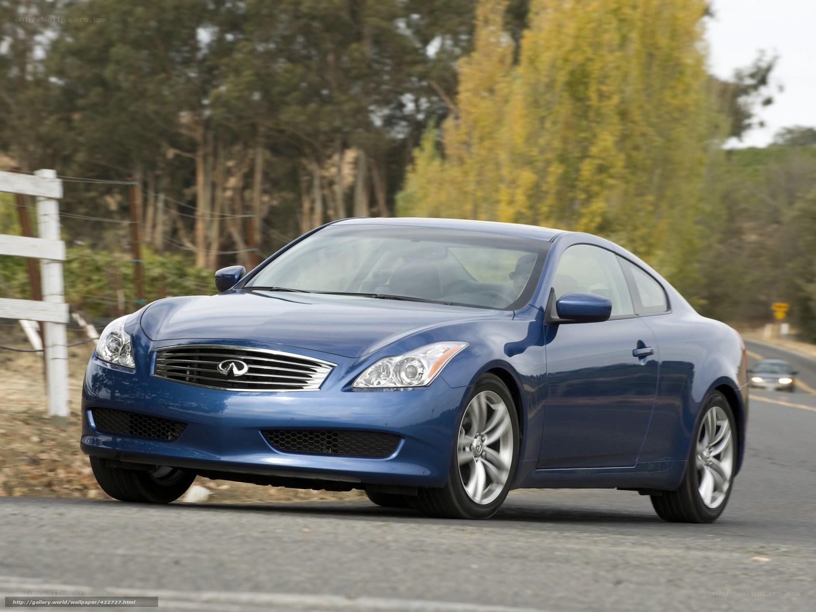 blue infiniti coupe on road