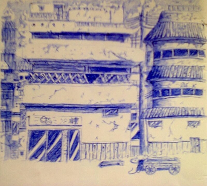 Blue Ink Drawing of Buildings