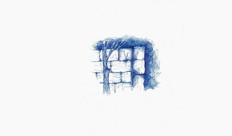 blue ink sketch of a wall