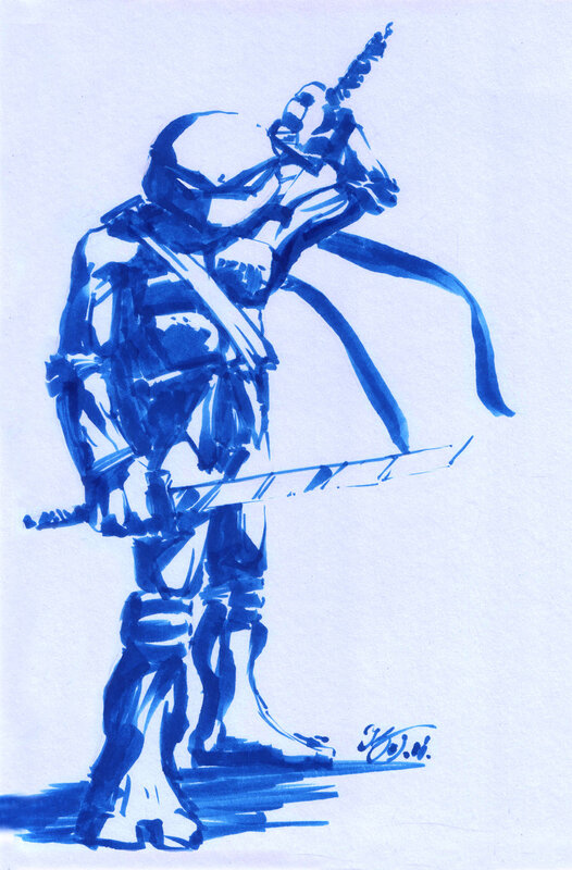 Blue ink turtle warrior sketch