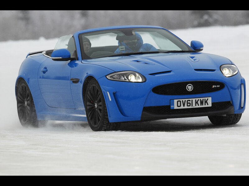 Blue Jaguar R-S convertible on ice