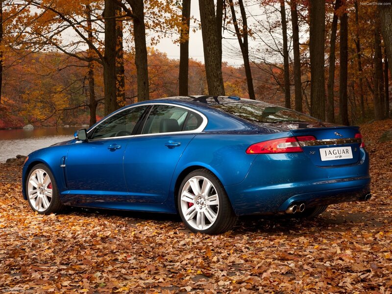 Blue Jaguar XF R in autumn