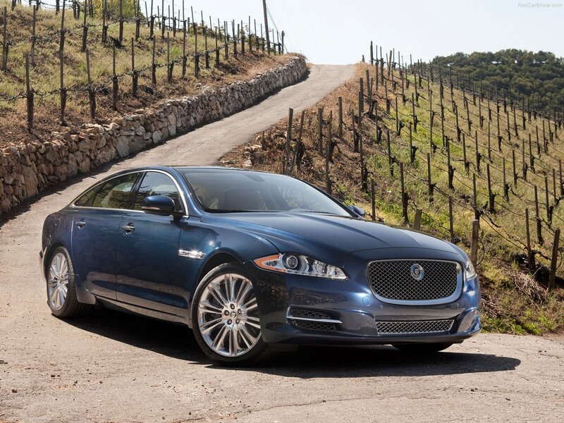 Blue Jaguar XJ in vineyard
