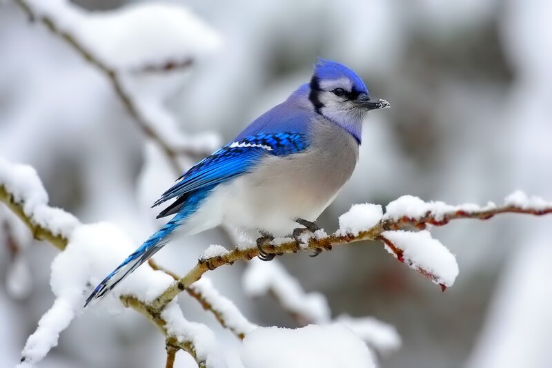 Blue Jay on Snowy Branch — Serene, Winter, Photograph