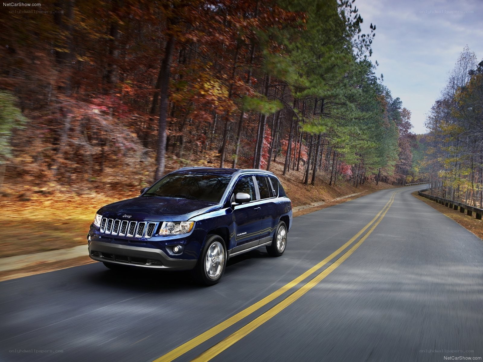 Blue Jeep Compass on a forest road
