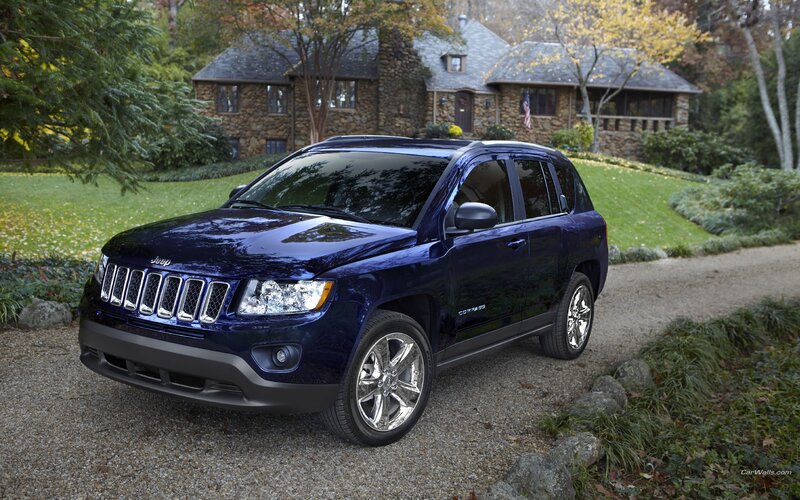 Blue Jeep Compass parked on gravel