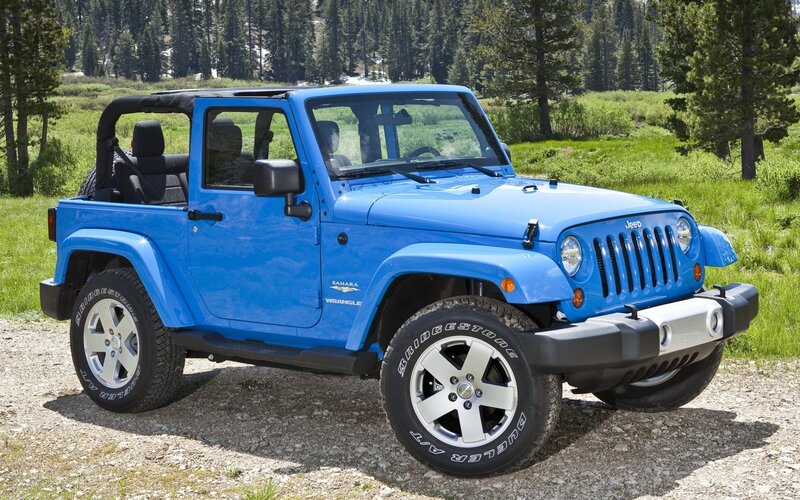 Blue Jeep Wrangler in forest