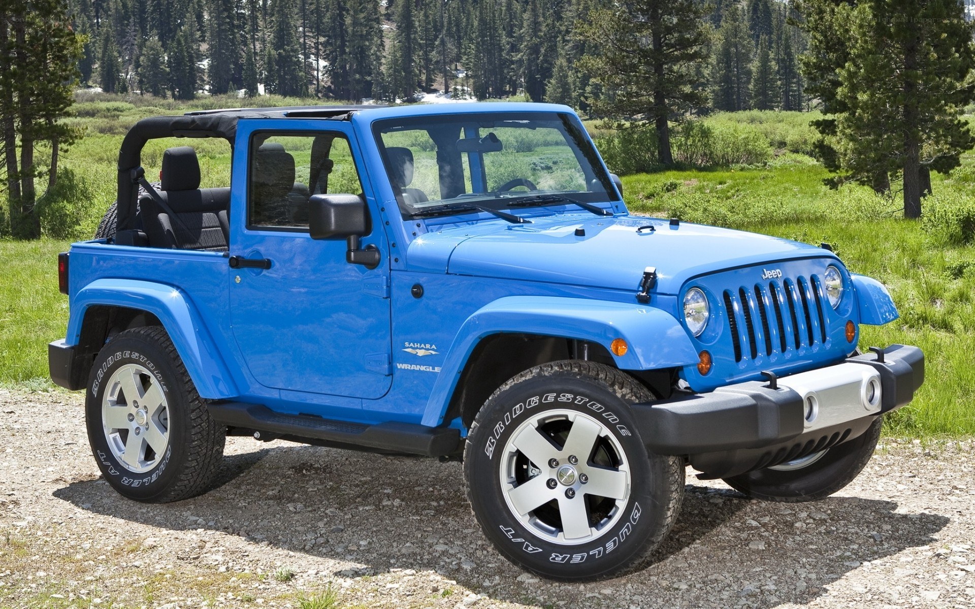 Blue Jeep Wrangler in forest