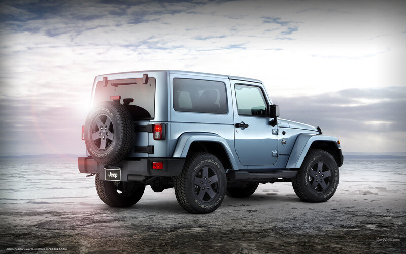 Blue Jeep Wrangler on salt flat