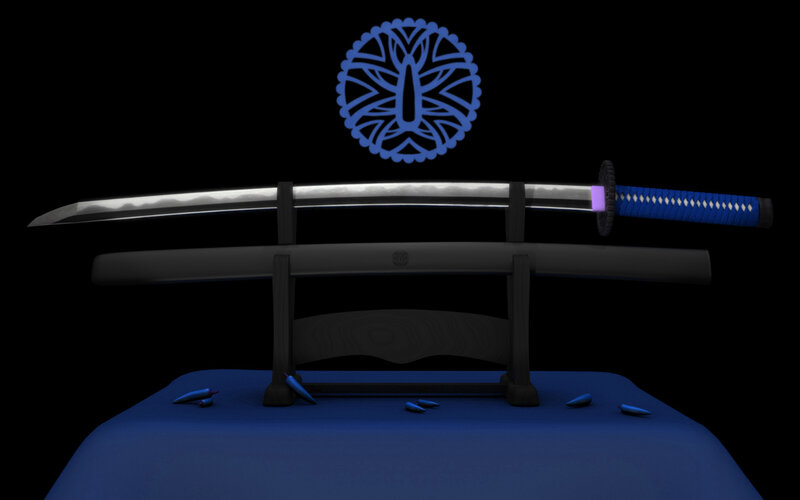 Blue katana on display stand