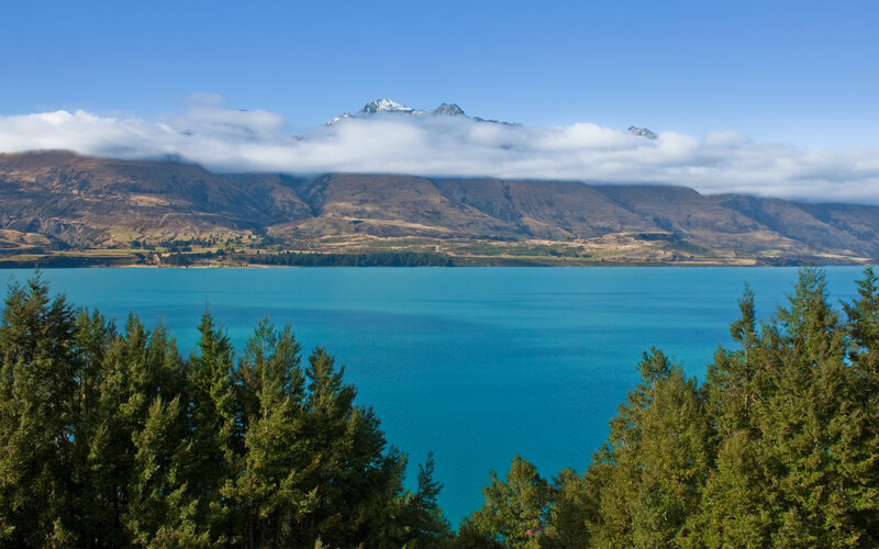 Blue Lake and Mountains — Serene, Afternoon, Photograph, Trees, Clouds