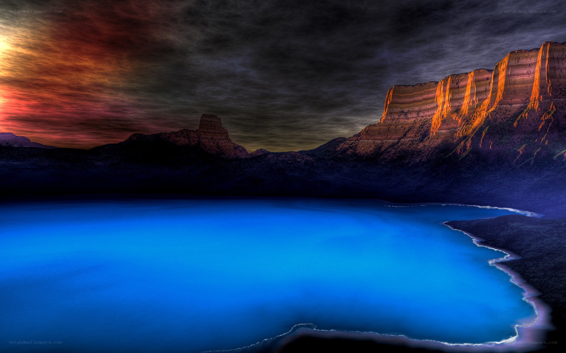 Blue lake at sunset