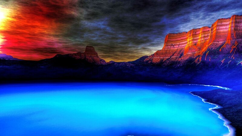 Blue Lake at Sunset — Dramatic, Digital Art, Mountains