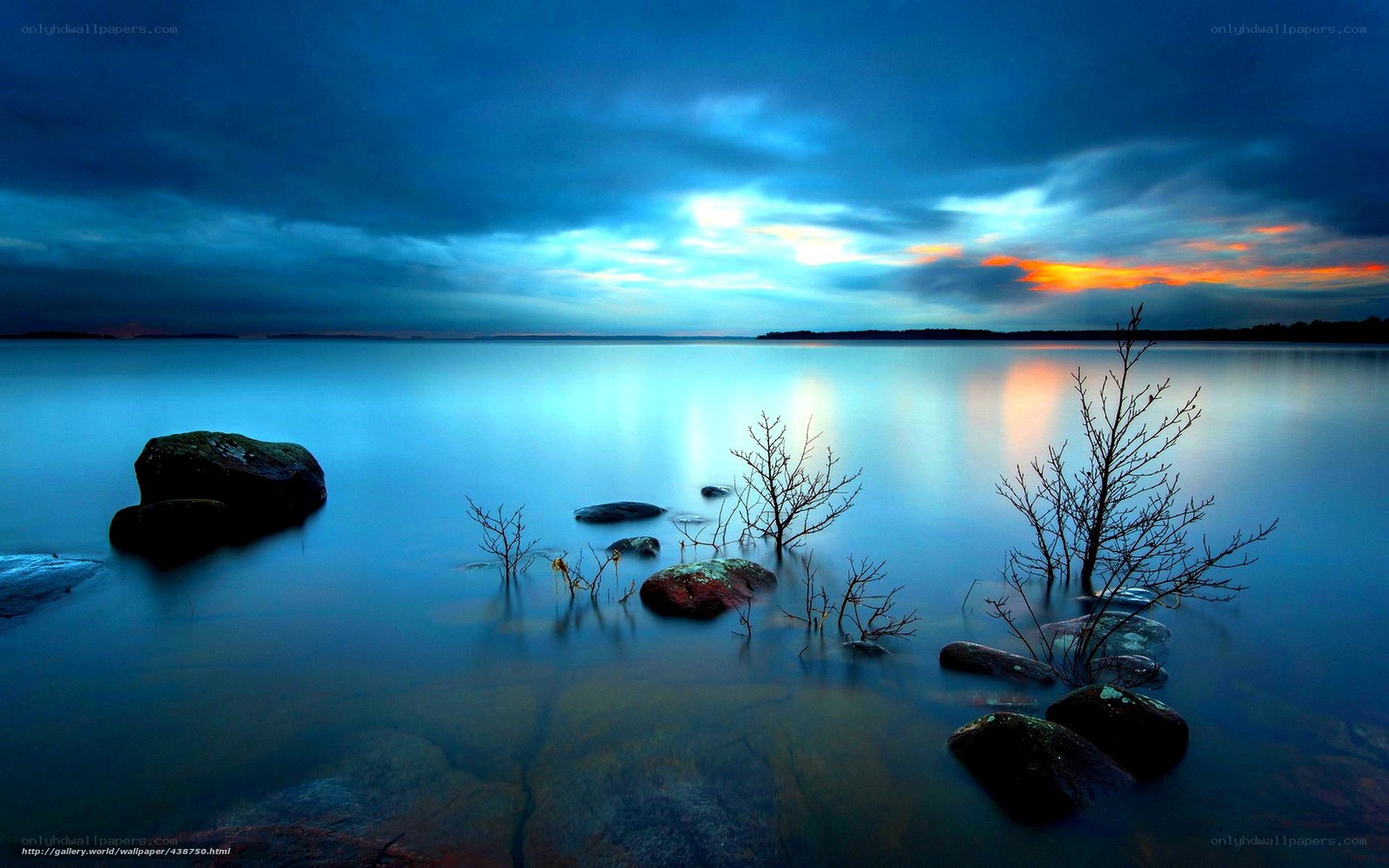Blue lake at sunset