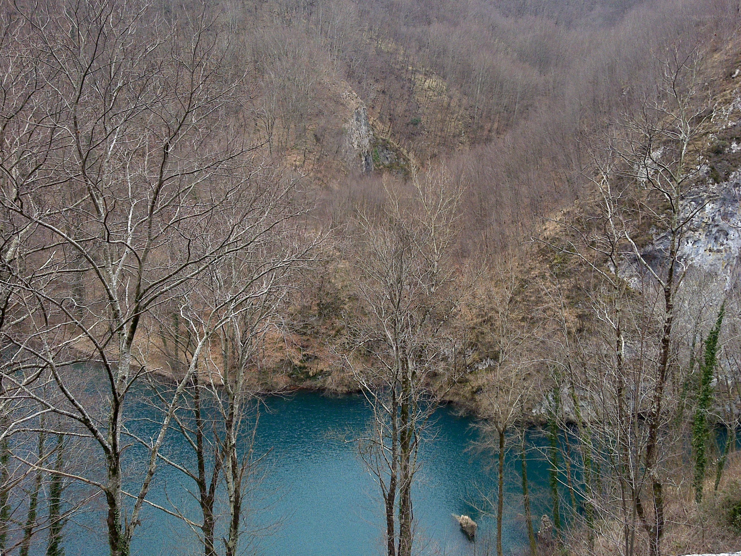 Blue lake in a forested valley
