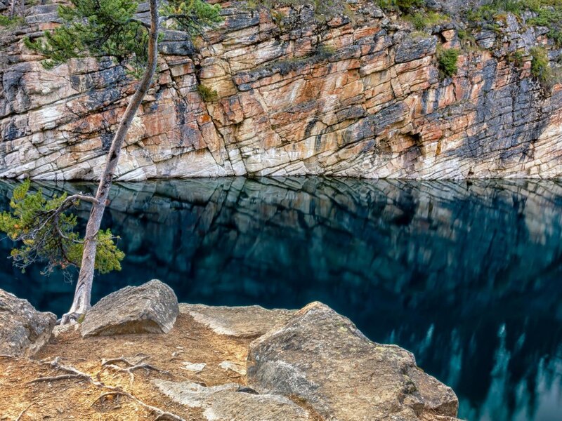 Blue Lake in Canyon — Serene, Afternoon, Photograph, Rock Wall