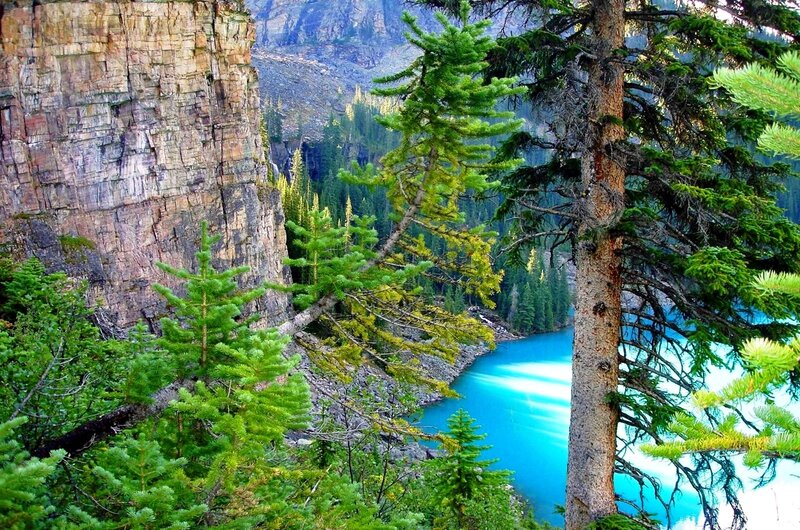 Blue Lake in Canyon — Serene, Afternoon, Photograph, Trees, Cliff