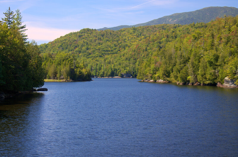 Blue Lake in Forest — Serene, Afternoon, Photograph, Trees, Mountain, Sky