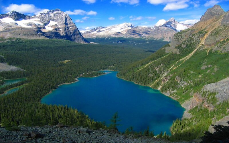 Blue Lake in Mountains — Serene, Afternoon, Photograph, Forest, Sky, Green, White