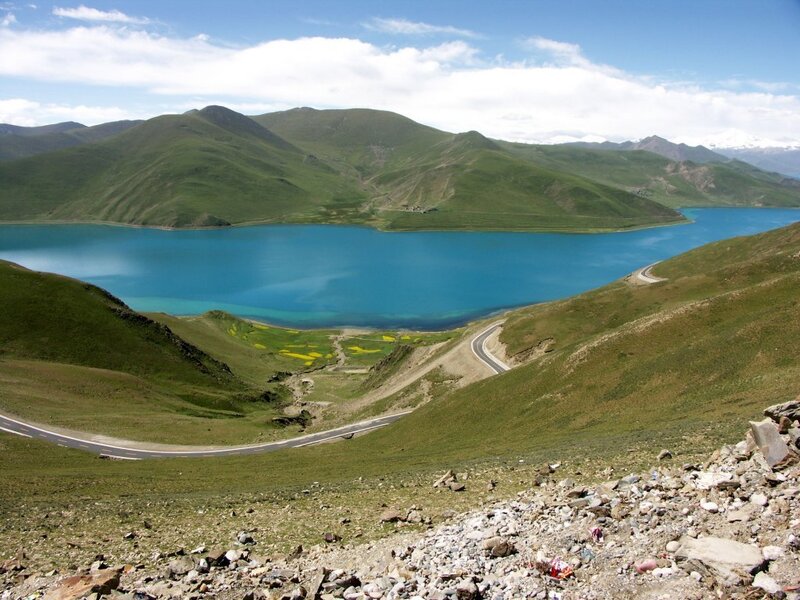 Blue Lake in Mountains — Serene, Afternoon, Photograph, Road, Flowers