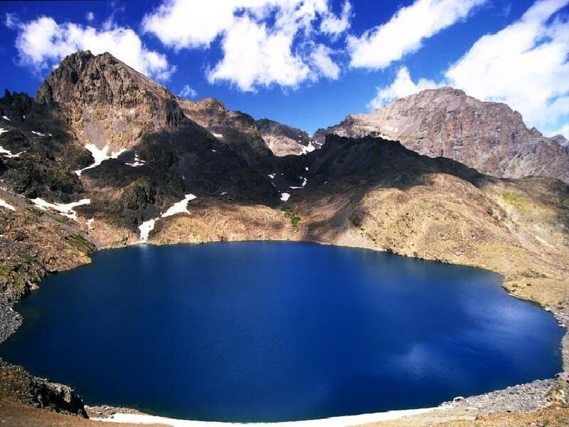 Blue Lake in Mountains — Serene, Afternoon, Photograph, Sky, Clouds, Brown