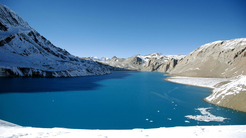 Blue Lake in Mountains — Serene, Afternoon, Photograph, Snow